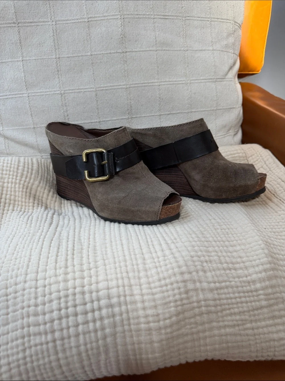 Franco Sarto Taupe Suede Open-Toe Wedge Mules